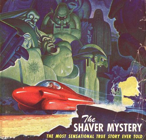 A colorful illustration featuring a red spaceship and mysterious figures in a surreal landscape, titled "The Shaver Mystery."