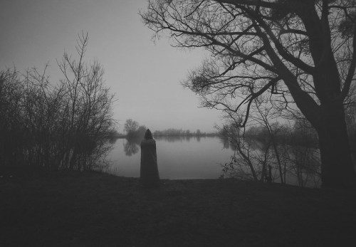 A figure in a cloak stands by a foggy lake, surrounded by bare trees and a misty atmosphere.