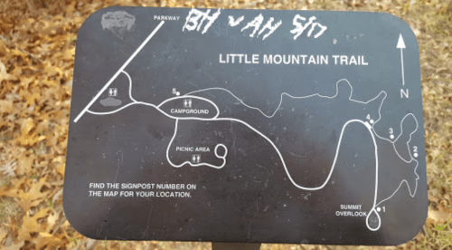 Trail map for Little Mountain Trail, showing routes to campground, picnic area, and summit overlook.