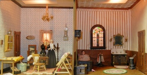 A split scene of two vintage dollhouse rooms, featuring period furniture, a chandelier, and a stained glass window.