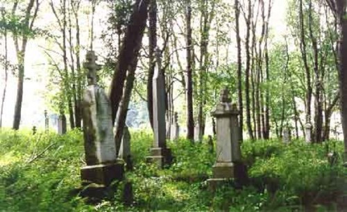 A serene, overgrown cemetery with several weathered gravestones surrounded by tall trees and lush greenery.