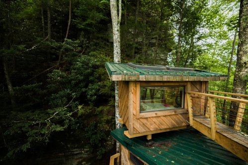 A wooden treehouse with a green roof, surrounded by lush trees and nature.