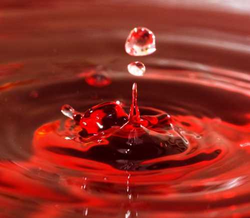 A close-up of red liquid creating ripples and droplets in water, capturing the moment of impact.