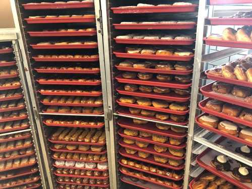 Rows of trays filled with various types of baked goods, including donuts and pastries, in a bakery display.