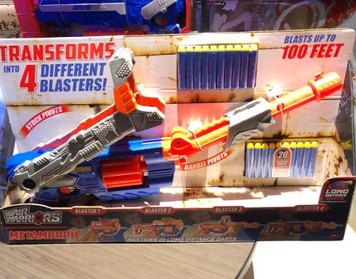 A toy blaster that transforms into four different blasters, with a range of up to 100 feet and includes long-distance parts.