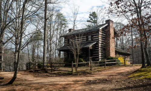 A rustic log cabin surrounded by trees, with a dirt path leading up to it under a cloudy sky.
