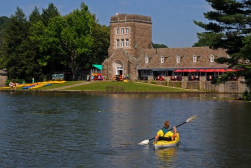 A person kayaking on a calm lake near a stone building surrounded by trees and colorful umbrellas.