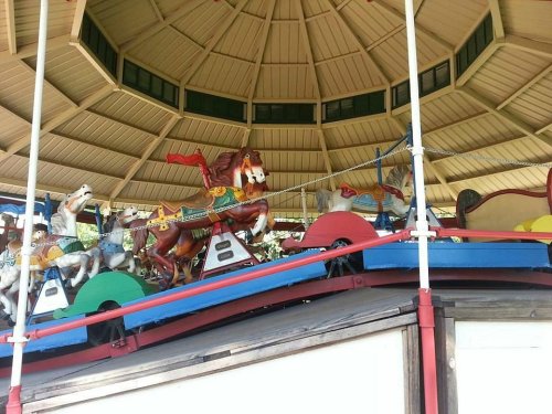 A colorful carousel with wooden horses, under a large, circular roof structure.