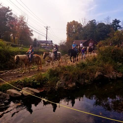 A group of riders on horseback walking along a dirt path beside a stream, surrounded by trees and autumn foliage.