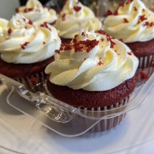 Close-up of red velvet cupcakes topped with cream cheese frosting and red crumbs, displayed in a clear container.