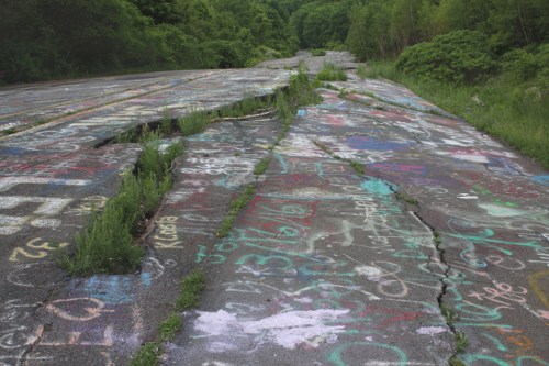 A cracked, overgrown road covered in colorful graffiti, surrounded by lush greenery and trees.