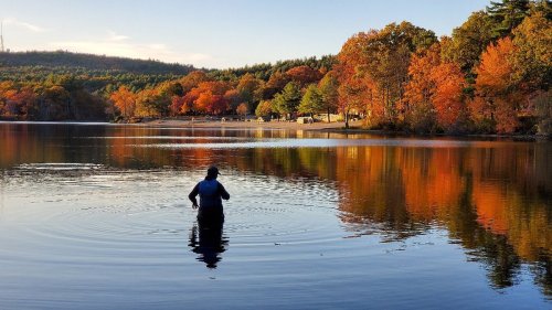 A person wades in a calm lake surrounded by vibrant autumn foliage reflecting on the water's surface.