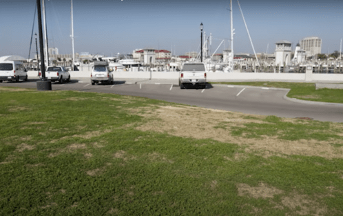 A grassy area next to a parking lot with parked vehicles and a marina in the background under a clear sky.