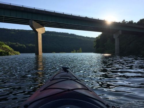 A kayak on calm water beneath a bridge, with sunlight reflecting off the surface and green hills in the background.