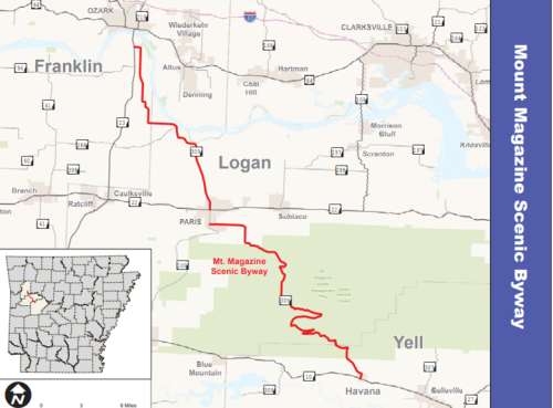 Map of Mount Magazine Scenic Byway in Arkansas, highlighting the route through Franklin, Logan, and Yell counties.
