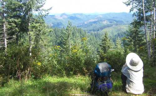 A person sits on a hillside, overlooking a lush green valley and distant mountains, with a backpack beside them.