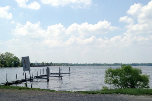 A calm lake scene with a wooden dock, green grass, and fluffy clouds in a blue sky.