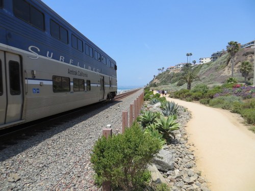 A train runs alongside a coastal path, with lush greenery and palm trees in the background under a clear blue sky.
