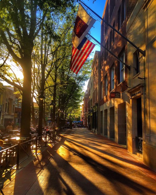 A sunlit street lined with trees and buildings, featuring an American flag and long shadows on the brick pavement.