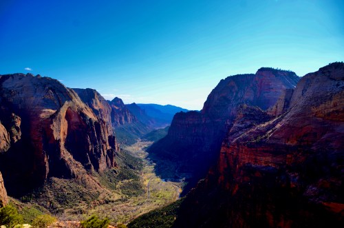 A panoramic view of Zion National Park, showcasing towering red rock cliffs and a lush green valley below.