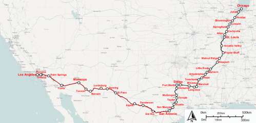 Map showing a route from Los Angeles to Chicago, highlighting major cities along the way, including San Antonio and St. Louis.