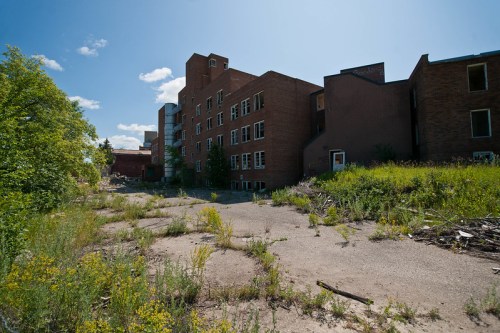 Abandoned brick building surrounded by overgrown vegetation and a clear blue sky.