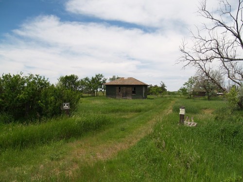 Abandoned house surrounded by tall grass and trees under a cloudy sky. A dirt path leads to the building.