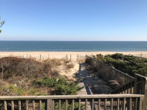 A wooden walkway leads to a sandy beach and calm ocean under a clear blue sky. Dune grass and fences are visible.