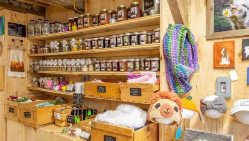 A cozy shop interior with wooden shelves filled with jars, crafts, and colorful hats, creating a warm, inviting atmosphere.