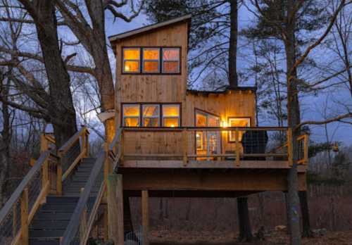 A cozy treehouse with large windows, illuminated at dusk, surrounded by trees and a wooden staircase leading up to it.