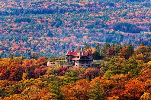 A scenic view of a castle surrounded by vibrant autumn foliage on a hillside.