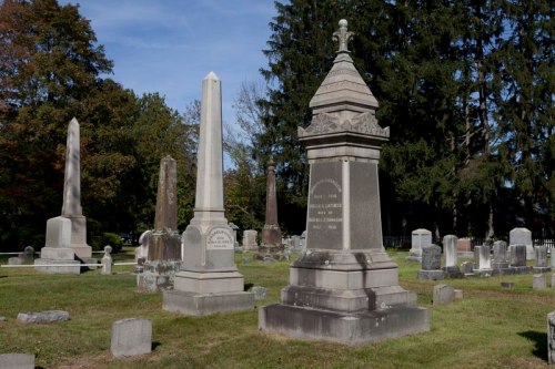 A cemetery scene featuring various gravestones and monuments surrounded by trees under a clear blue sky.
