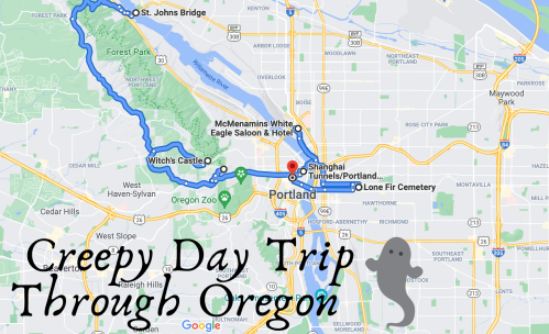 Map of a creepy day trip in Oregon, featuring locations like St. Johns Bridge, Witches Castle, and Lone Fir Cemetery.