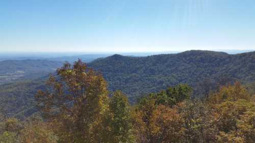 A scenic view of rolling mountains covered in autumn foliage under a clear blue sky.