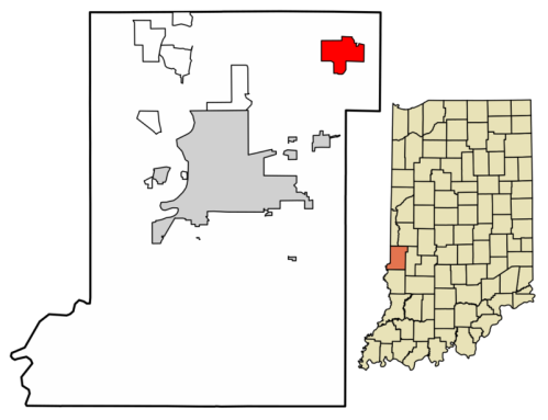 Map of Indiana highlighting a specific area in red, with surrounding regions in gray and beige.