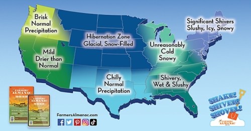 Map of the U.S. showing winter weather predictions, including snowy, icy, and slushy conditions across various regions.