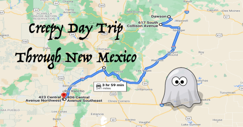 Map of a spooky day trip route through New Mexico, featuring a ghost icon and labeled locations.