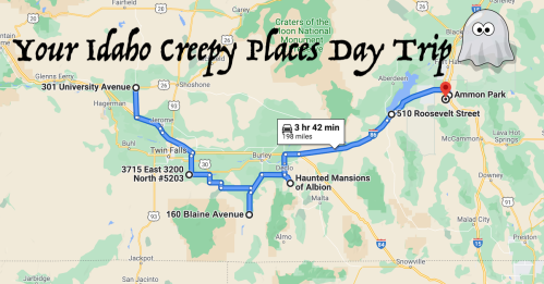 Map showing a day trip route in Idaho to various creepy places, including Ammon Park and Haunted Mansions of Albion.