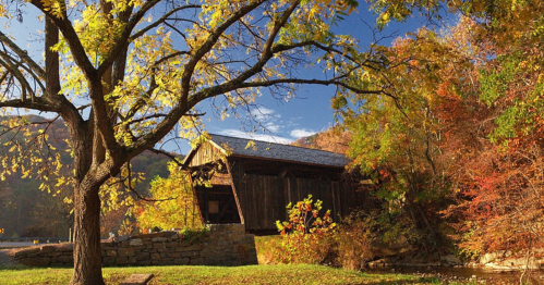 A scenic view of a covered bridge surrounded by vibrant autumn foliage and a clear blue sky.