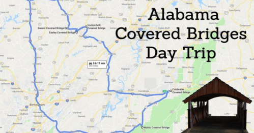 Map highlighting a day trip route to Alabama's covered bridges, featuring a bridge entrance on the right.