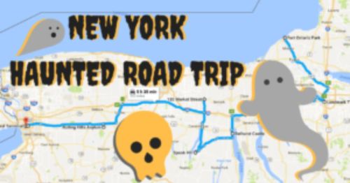 Map of a haunted road trip in New York, featuring ghost icons and a skull, with a route highlighted.