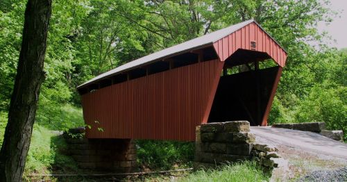 A red covered bridge spans a small creek, surrounded by lush green trees and grass.
