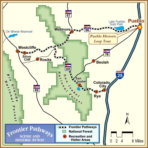 Map of Frontier Pathways, highlighting scenic routes, national forests, and points of interest near Pueblo, Colorado.