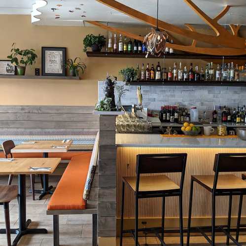A cozy restaurant interior featuring wooden tables, orange seating, and a well-stocked bar with plants and decor.