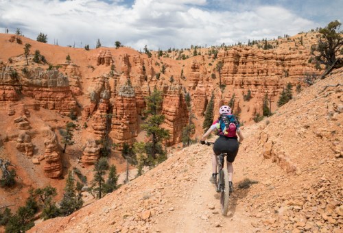 A mountain biker rides along a rocky trail with orange cliffs and trees in the background under a cloudy sky.