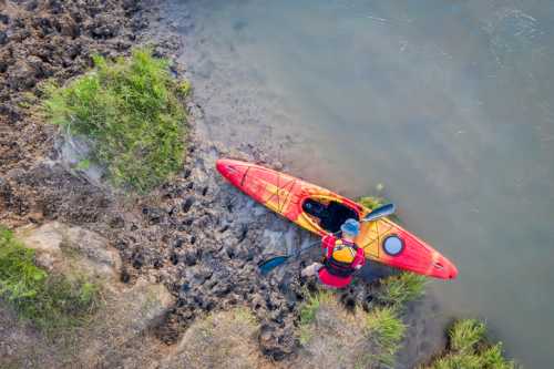 Aerial view of a person in a red kayak near the shore, preparing to paddle on a calm river surrounded by greenery.