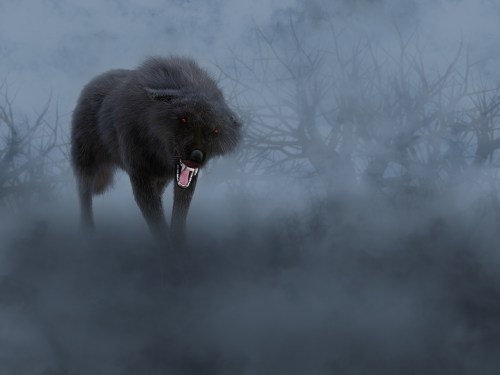 A menacing black wolf with glowing red eyes stands in a foggy, eerie landscape with dark, bare trees in the background.