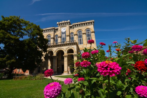 Historic building with a clock tower, surrounded by vibrant pink flowers under a clear blue sky.