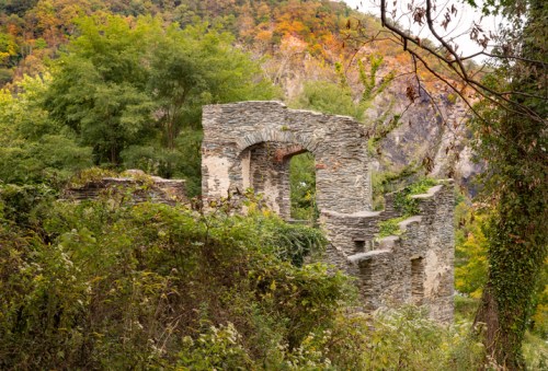 Ruins of a stone structure surrounded by lush greenery and autumn-colored trees in the background.