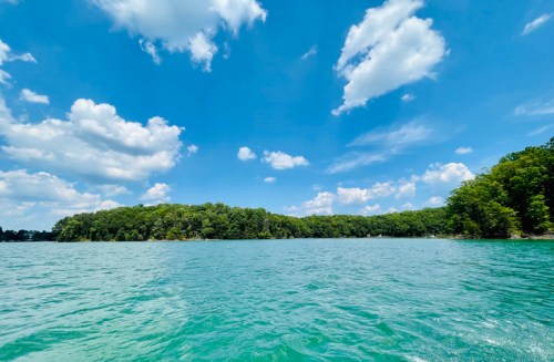 A serene lake scene with clear blue water, lush green trees, and a bright blue sky dotted with fluffy white clouds.